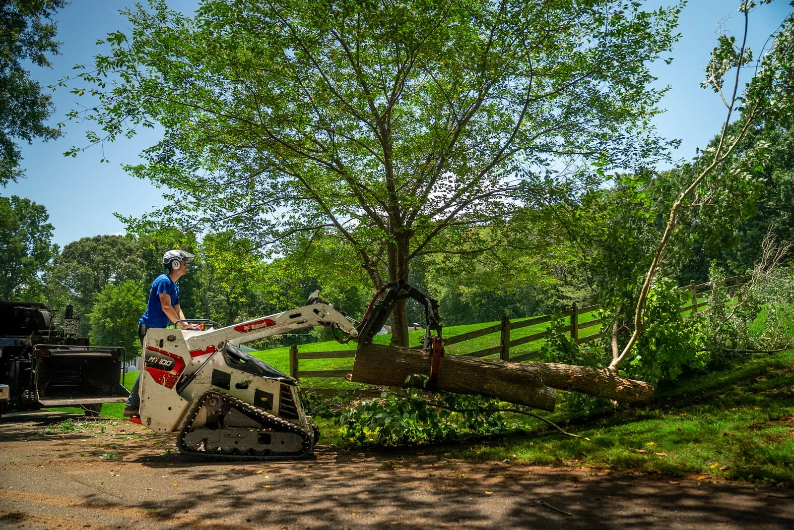 Crew member on a compact track loader carrying a cut trunk across the yard