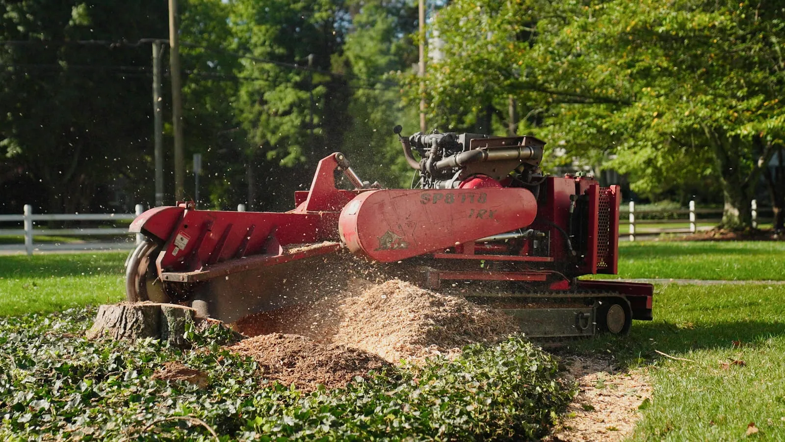 Stump grinder mid-cut, throwing chips